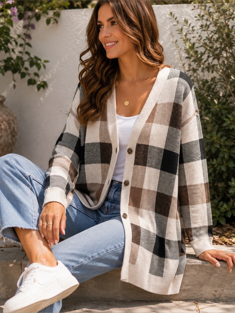 LOFT XS Plaid V-Neck Button Front Cardigan Sweater Neutral Brown Black Beige
